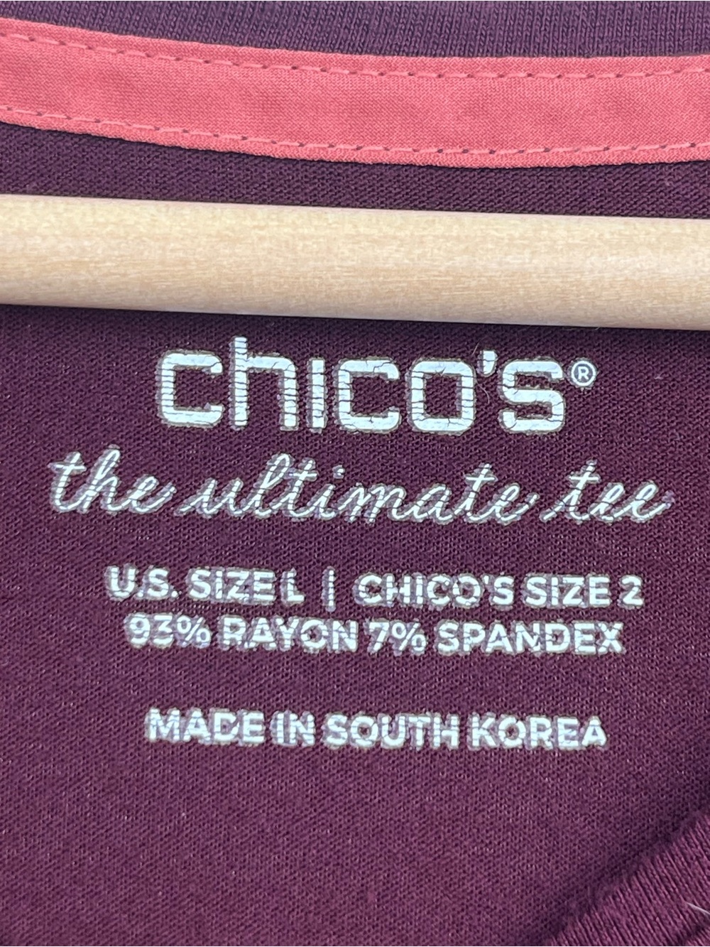 Chico’s The Ultimate Tee burgundy rayon spandex long sleeve t-shirt, large. - Picture 3 of 4